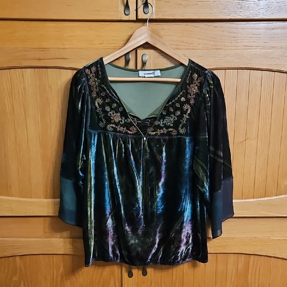 ONE WORLD Velvet Blouse with Embroidery in Green and Black